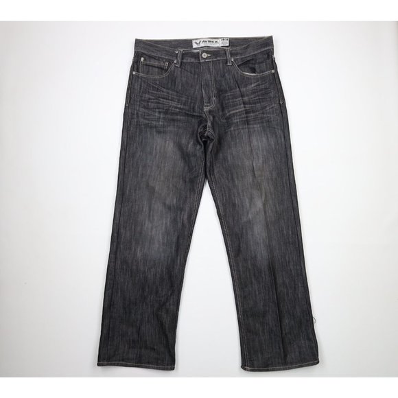 Vintage Avirex Mens 38x34 Distressed Baggy Loose Fit Wide Leg Denim Jeans Black